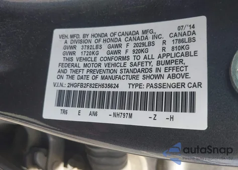 2014 Honda Civic Ex z USA, uszkodzony, nr VIN 2HGFB2F82EH535624